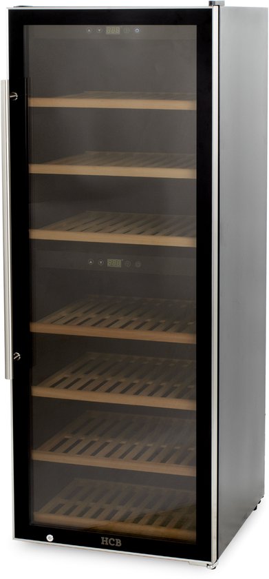 HCB® - Professionele luxe Wijnkoelkast met 2 zones - 126 flessen - Wijnklimaatkast met houten lades - Vrijstaand wijn koelkast - Klimaatkast - Wijnkast - Wijnfrigo koeler - 77 kg -…