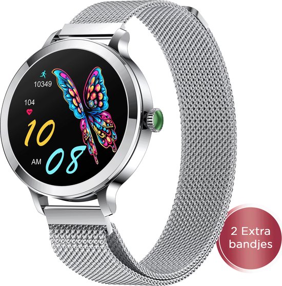 Golden Sound AMOLED Smartwatch Dames – 3 extra bandjes – Geschikt voor elke laptop en smartphone – Stappenteller – Slaapmonitor – Saturatiemeter – 42mm – Zilver