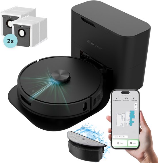 Heevey Robotstofzuiger met dweilfunctie - Automatisch leegstation - Vacuum cleaner - Dweilrobot - Huisdieren - 10.000PA zuigkracht - LDS lasernavigatie - Dweilrobot - 2 extra stofz…