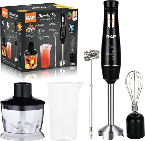 RAF - Staafmixer Set - 5-in-1 - Hand Blender - Elektrische Handmixer - Klopper - Staafmixer - BPA-vrij - Extreem Krachtig - Hakmolen - Garde - Maatbeker - Mengstaaf - Ook voor IJsk…