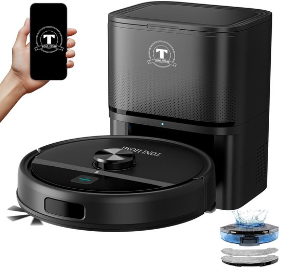 TONIHOMI® R8 - Robotstofzuiger met dweilfunctie - Automatisch legen - Robotstofzuiger met laadstation - LDS Laser navigatie - Met app - Zwart