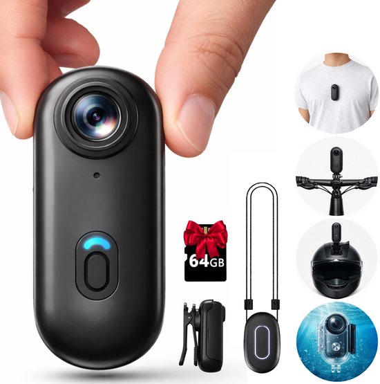 Seltrix® - Mini action camera - Body camera - Fiets camera - Ski camera - Thumb camera - Voetbal camera - POV camera - Inclusief 64GB SD kaart & uitgebreide accessoires