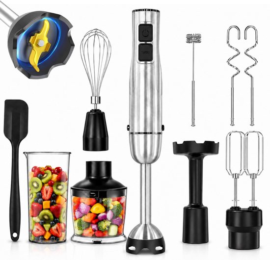 Organess Staafmixer 9-in-1 Set - 1200W - Vaatwasserbestendig - Incl. Titanium mes, Garde, Hakmolen, Maatbeker, Melkopschuimer, Aardappelstamper, Spatel, Deeghaken, Dubbele garde -…