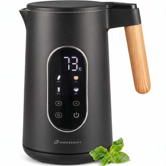 HomeShift® Waterkoker met Temperatuurregeling – Warmhoudfunctie – Dubbelwandig – Elektrisch – 1,7 Liter – 2200W – Zwart / Hout