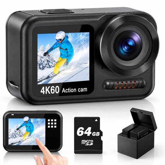 Nexeli NX-SC860 Action Camera – 64GB – 4K 60FPS video – 64MP foto – IP68 Waterdicht tot 20 Meter – Dual Screen – Touchscreen – WiFi – Elektronische Beeldstabilisatie – 8x Zoom