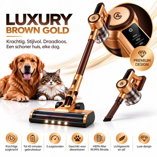 AG4200 Steelstofzuiger Draadloos – Stofzuiger Zonder Zak – 35.000 Pa – Krachtige Draadloze Stofzuiger – Kruimeldief – Dierenharen – LED Zuigmond – Lichtgewicht – Luxury Brown Gold