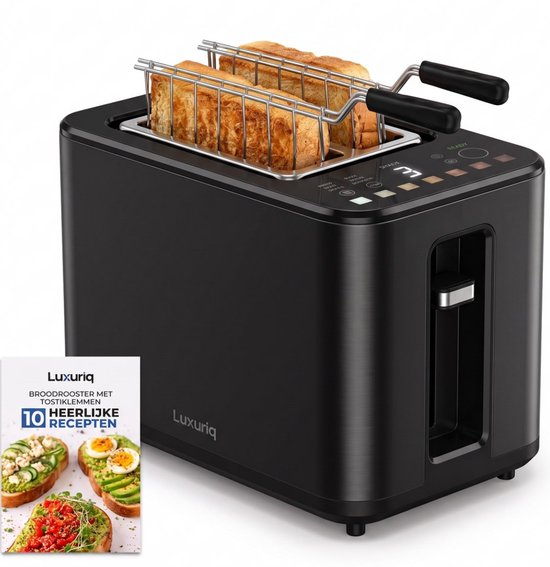 Luxuriq Broodrooster met Tostiklemmen - 900W - 2 sleuven - 7 Warmteniveaus - 6 Programma's - Led Scherm - Kruimellade - Toaster - met Timerfuncties - Tosti Apparaat - Zwart