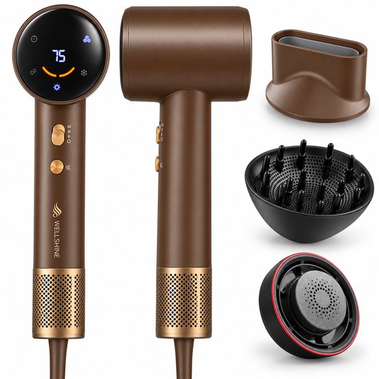 Wellshine Föhn met Diffuser - Ionische Haardroger voor Krullen & Stijl - Haarföhn - Reisföhn - Coolshot - 5 Standen - Incl. 3 Opzetstukken - Sèche Cheveux - Hairdryer - 1600W