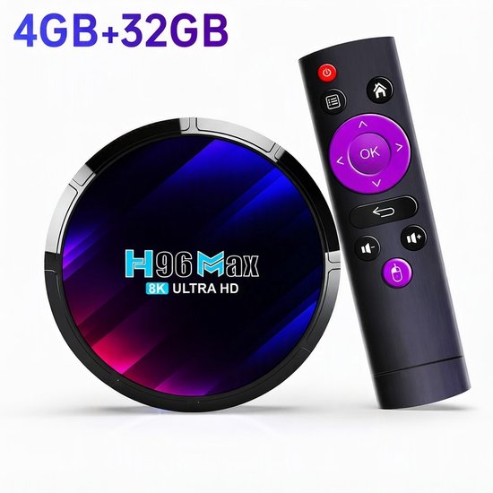 Android TV Box 8K Ultra HD - Streaming Box - 4GB RAM - 32GB ROM Opslag - 2.4/5GHz WiFi - Bluetooth - Netflix, Hulu, Flixster, YouTube, enz - Zwart