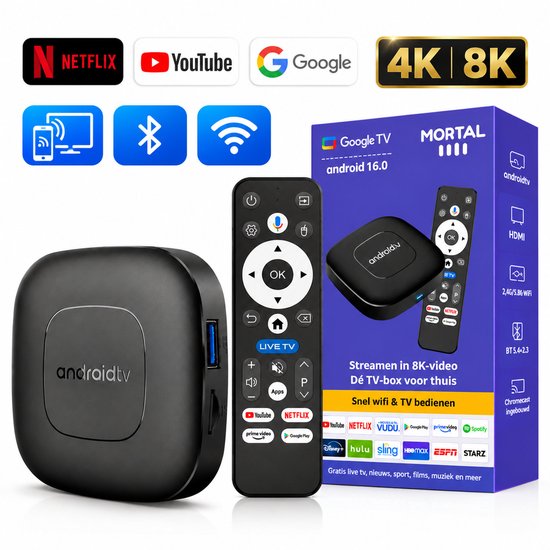 Digisand® TV Box 4K HDR –Android Streaming Box - WiFi & Bluetooth – 16GB – Android TV‑systeem（geen officiële Google‑certificering） Streamer & Assistant - Netflix werkt alleen in SD…