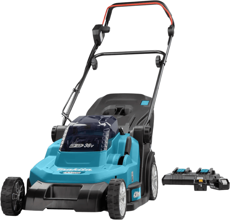 Makita Akku-Rasenmäher DLM432PT2 2x18V Set 2 Akkus 5,0Ah, Doppelladegerät Accu-grasmaaier Accu Incl. 2 accus, Incl. oplader 18 V Snijbreedte max. 430 mm