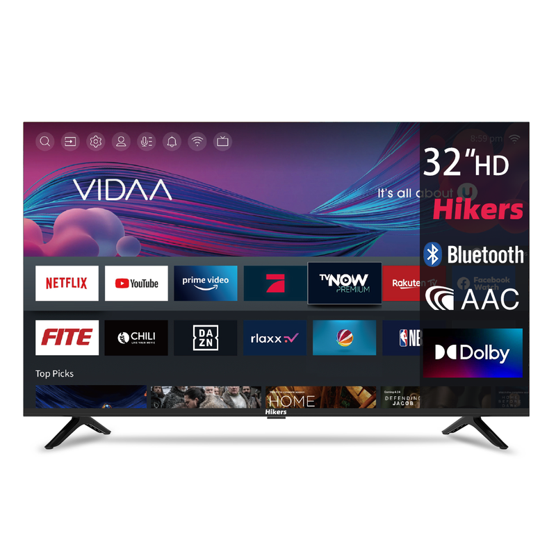 LED TV Hikers HD 32″ (80 cm) Slimme TV VIDAA – DVB-T2/S2 – CI – 3xHDMI – 2xUSB – WiFi Bluetooth – Android 1 GB+8 GB – Zwart