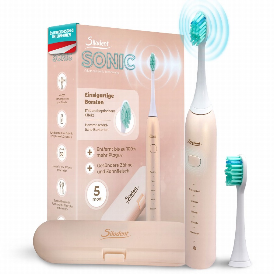 Silodent Sonic Tandenborstel Champagne met antiseptische borstelharen en 5 programma's 1