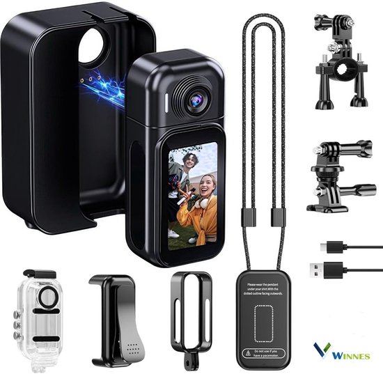 4K Mini Action camera – Bodycam met 1,47" Touchscreen, 180° Draaibare Lens, 120° Groothoek, WiFi, Charging Case & Lange Batterijduur – Sportcamera voor Fietsen, Reizen en Outdoor